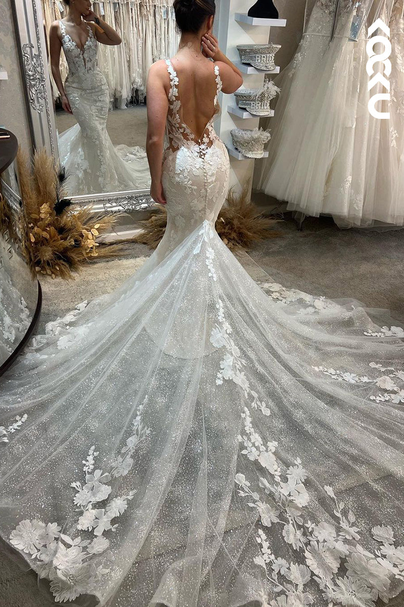 K1513 - Low V-Neck Sleeveless Lace Appliqued Tulle Mermaid Long Wedding Dress