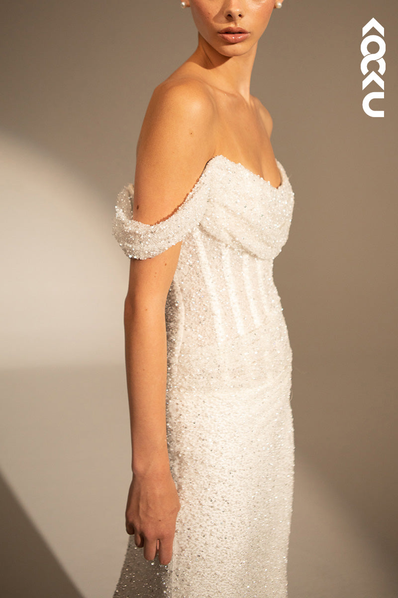 K1535 - Bateau Off-Shoulder Sheer Ruched Sequins Mermaid Long Wedding Dress
