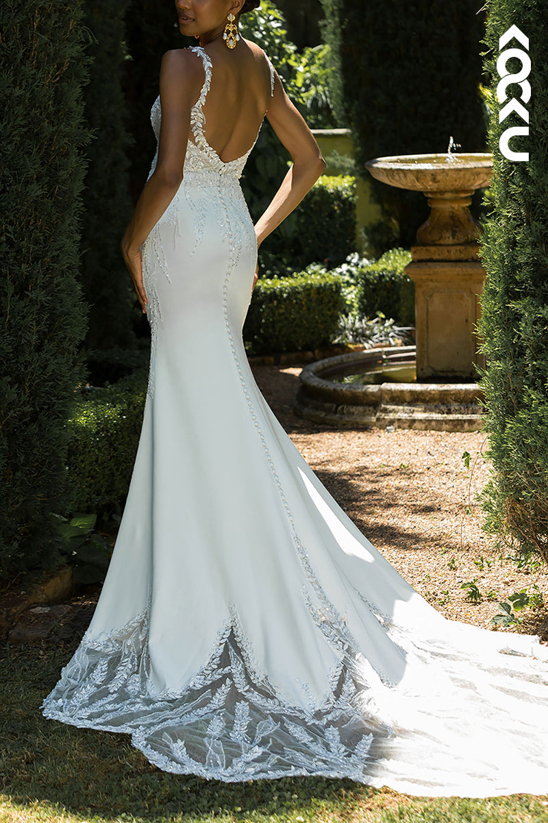 K1538 - Off-Shoulder Beaded Appliqued Tulle Satin Mermaid Long Wedding Dress