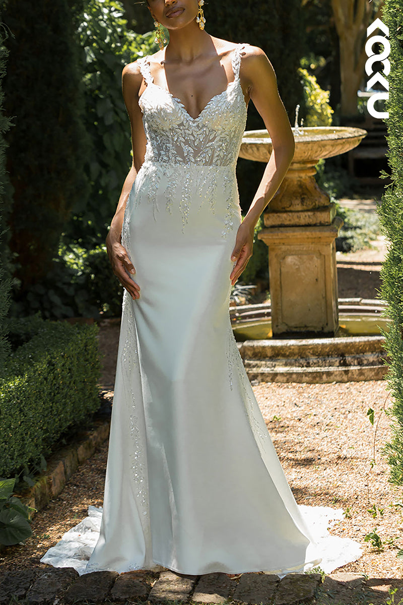 K1538 - Off-Shoulder Beaded Appliqued Tulle Satin Mermaid Long Wedding Dress