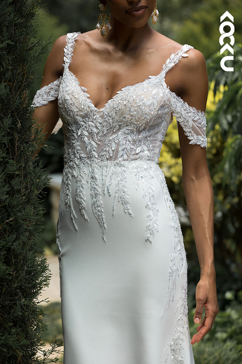 K1538 - Off-Shoulder Beaded Appliqued Tulle Satin Mermaid Long Wedding Dress