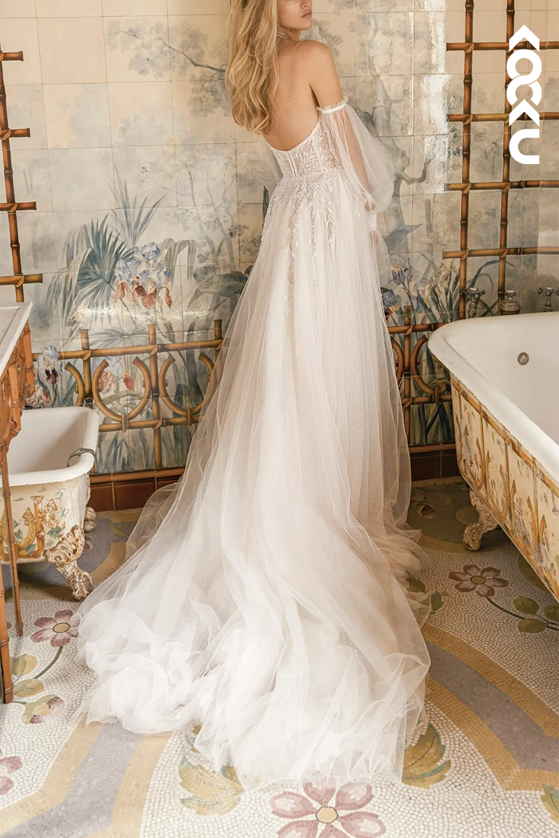 K1577 - Sweetheart Strapless Appliqued Ruched Tulle A-Line Long Wedding Dress