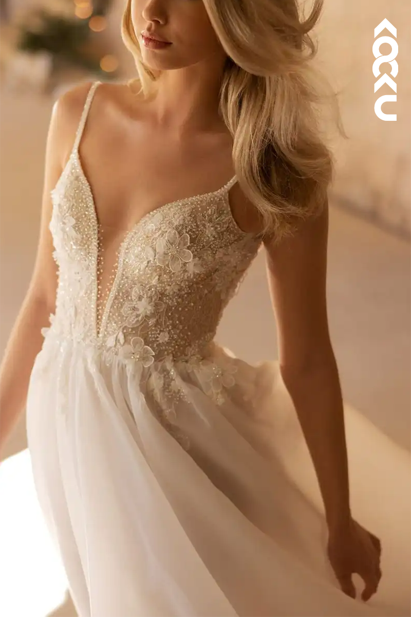 K1579 - Low V-Neck Spaghetti Straps Appliqued Tulle A-Line Long Wedding Dress