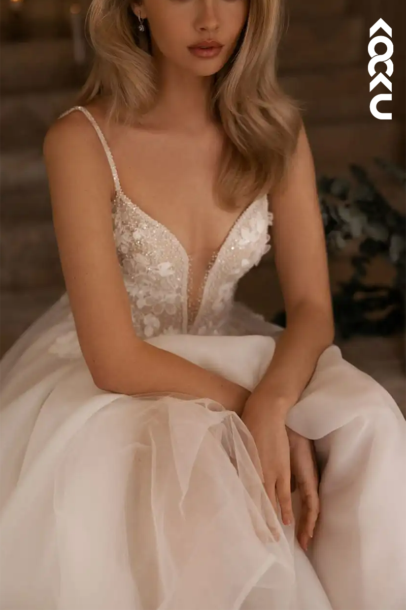 K1579 - Low V-Neck Spaghetti Straps Appliqued Tulle A-Line Long Wedding Dress