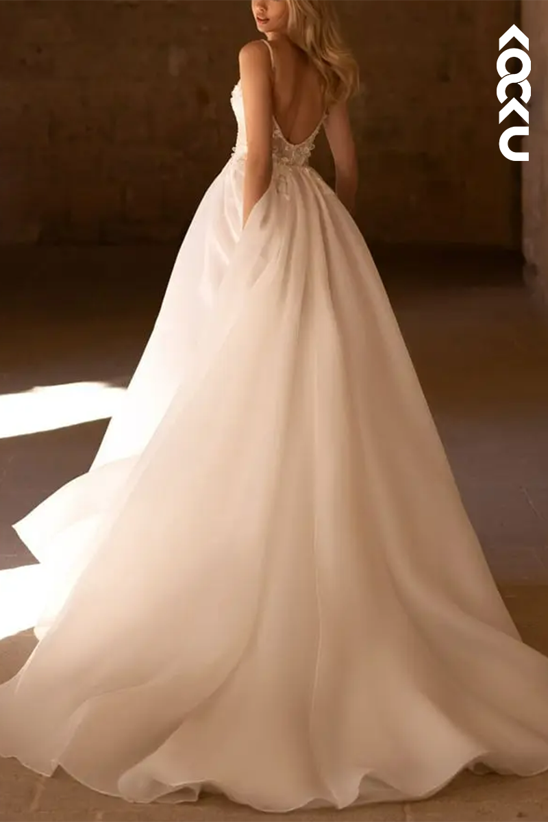 K1579 - Low V-Neck Spaghetti Straps Appliqued Tulle A-Line Long Wedding Dress