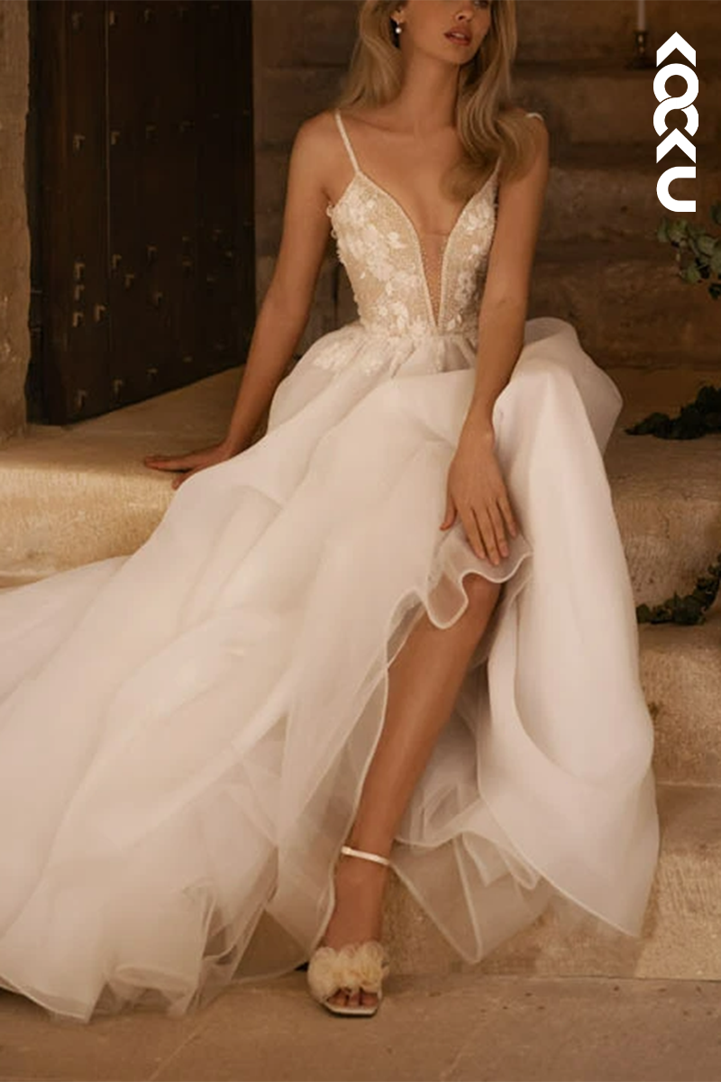 K1579 - Low V-Neck Spaghetti Straps Appliqued Tulle A-Line Long Wedding Dress