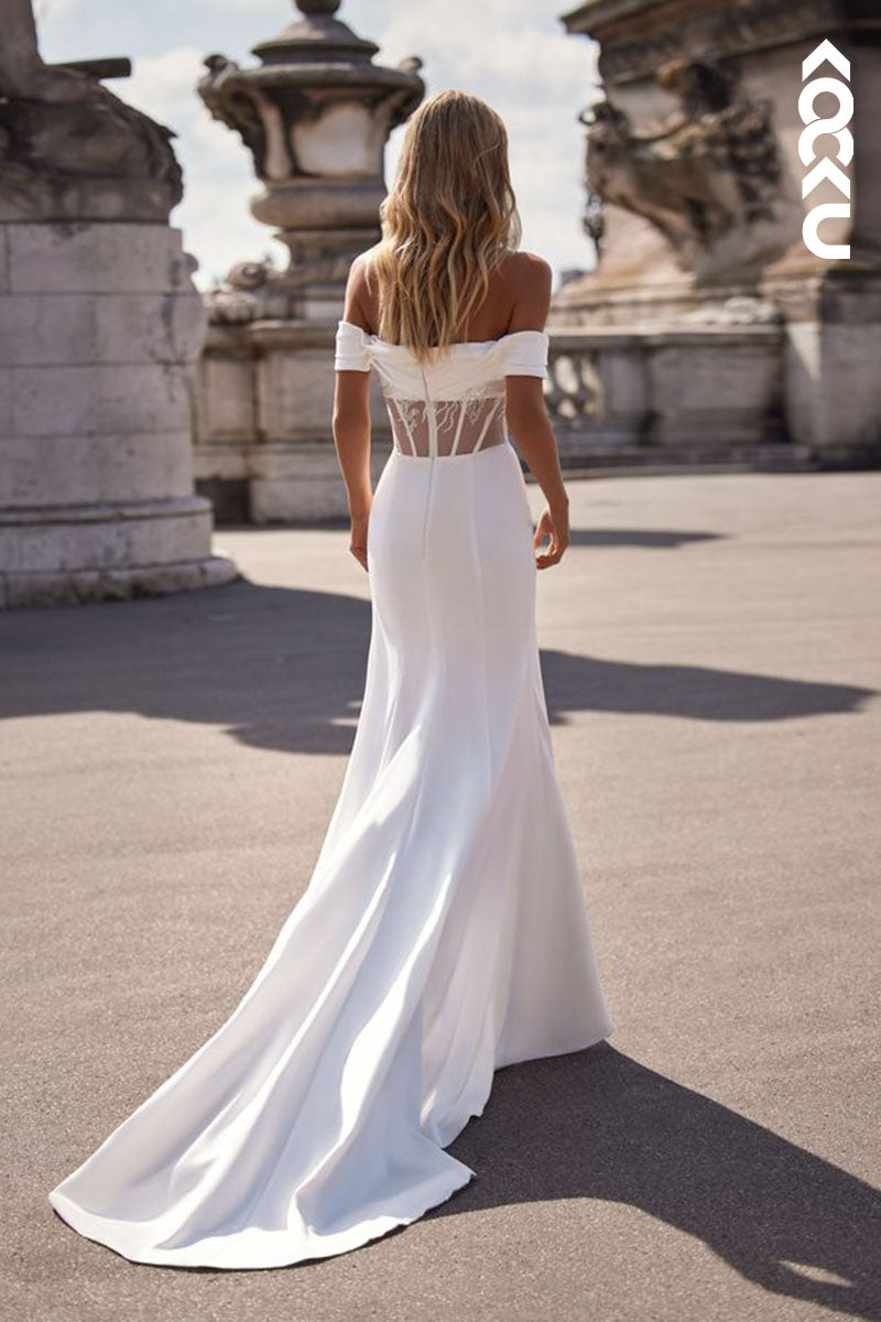 K1588 - Off-Shoulder Strapless Ruched Satin Sheath Long Wedding Dress