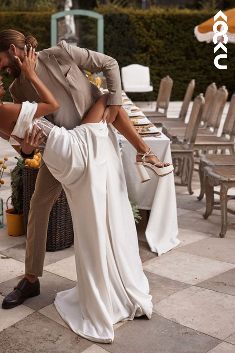 K1588 - Off-Shoulder Strapless Ruched Satin Sheath Long Wedding Dress