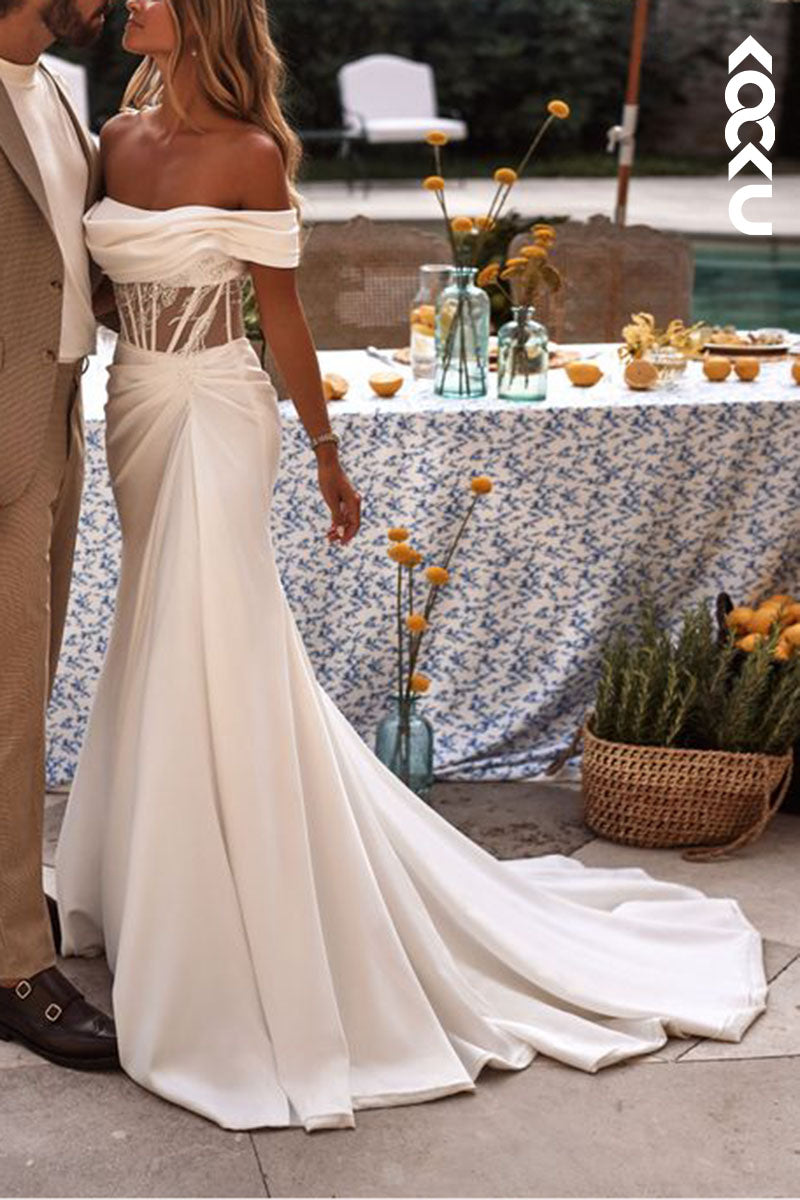 K1588 - Off-Shoulder Strapless Ruched Satin Sheath Long Wedding Dress