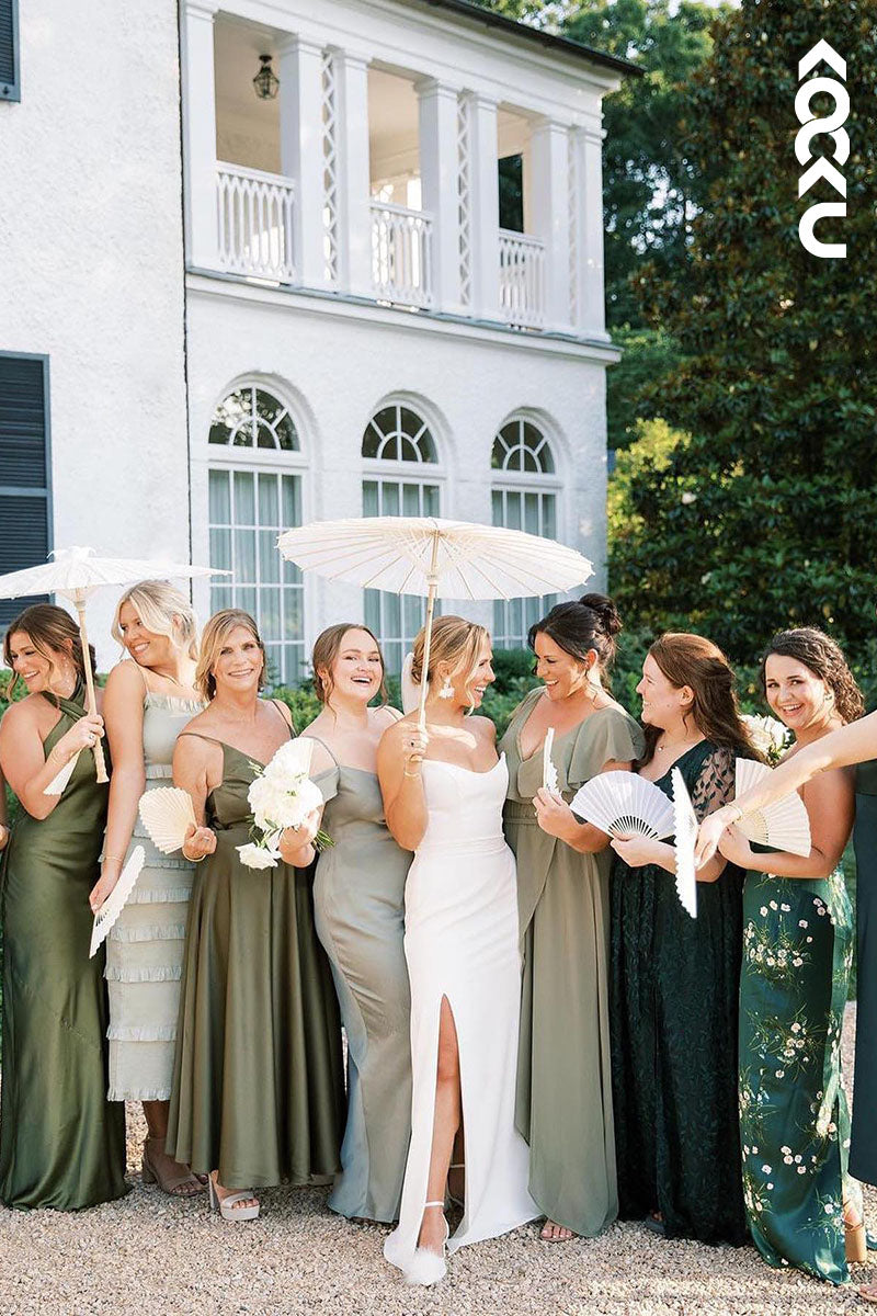 K1596 - V-Neck Strapless Sleeveless Satin Sheath Long Wedding Dress With Slit