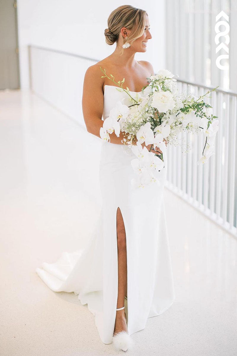 K1596 - V-Neck Strapless Sleeveless Satin Sheath Long Wedding Dress With Slit