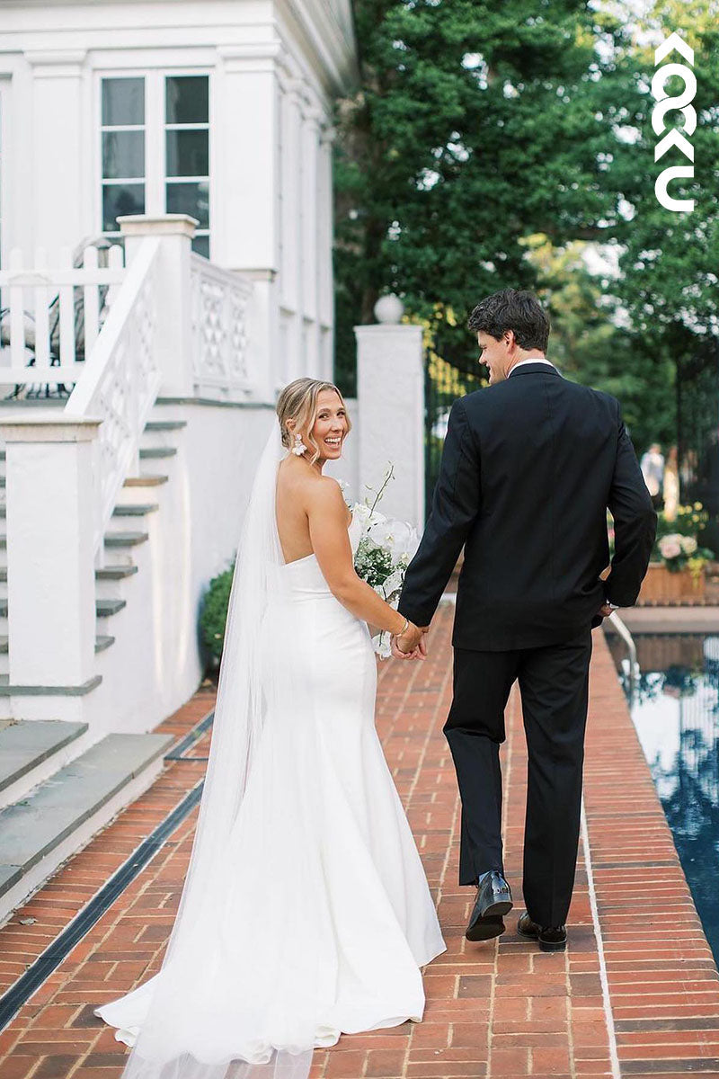 K1596 - V-Neck Strapless Sleeveless Satin Sheath Long Wedding Dress With Slit