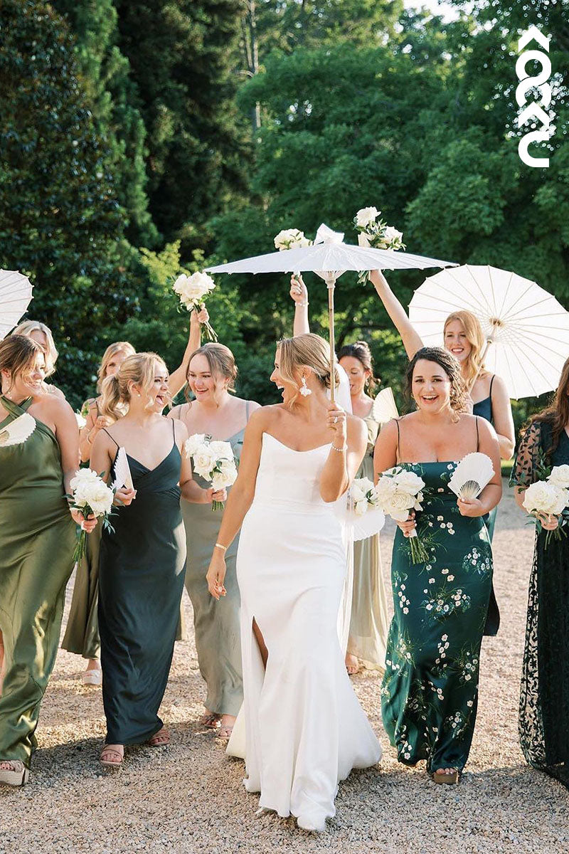 K1596 - V-Neck Strapless Sleeveless Satin Sheath Long Wedding Dress With Slit
