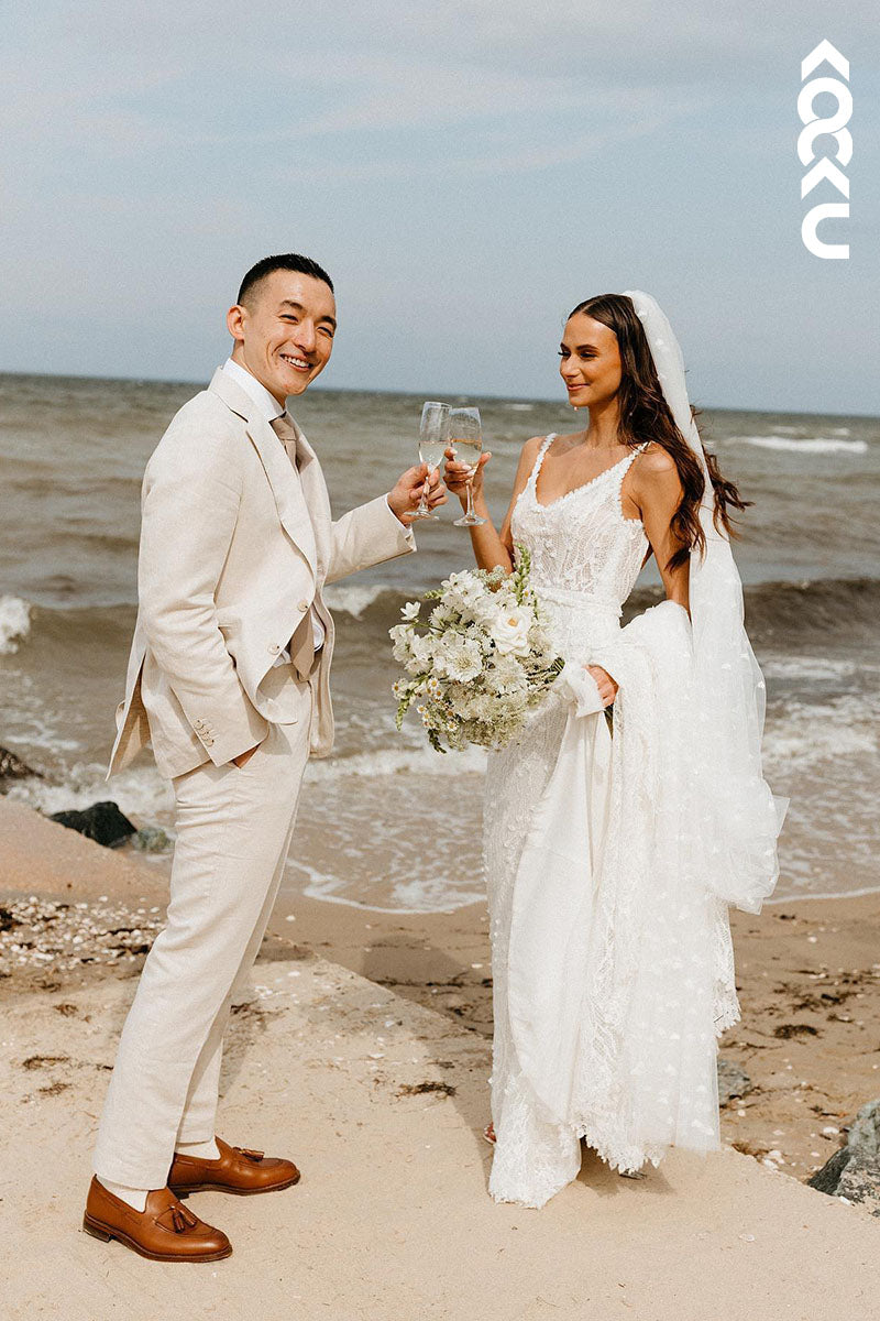 K1603 - V-Neck Sleeveless Appliqued Sheer Lace Sheath Long Wedding Dress