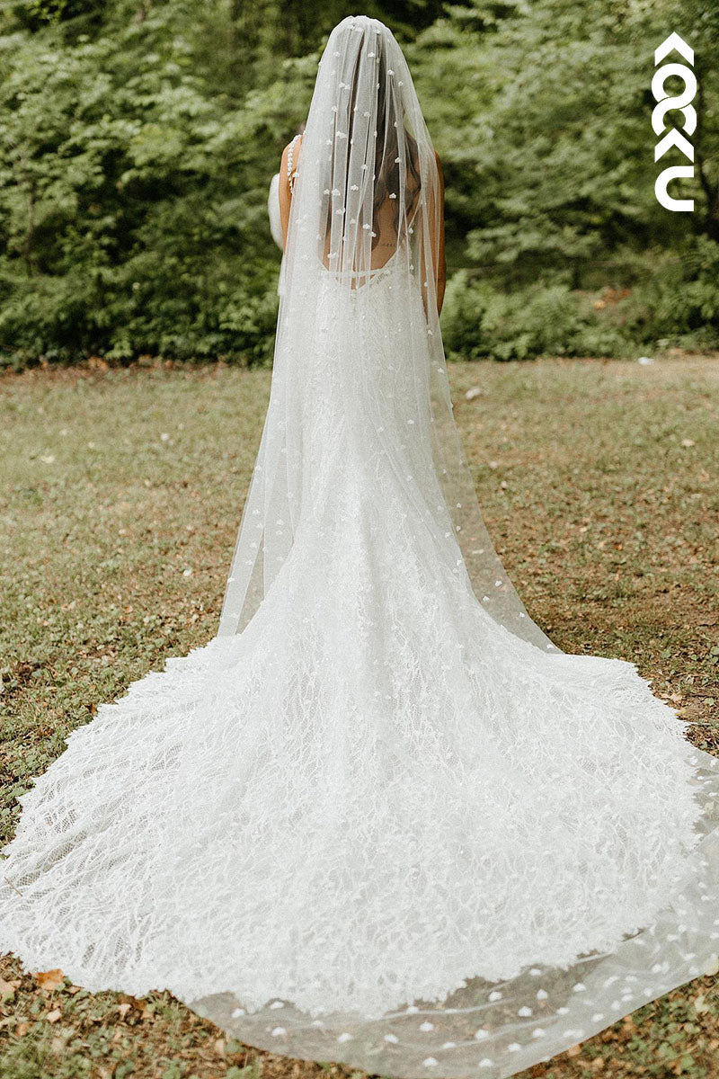 K1603 - V-Neck Sleeveless Appliqued Sheer Lace Sheath Long Wedding Dress