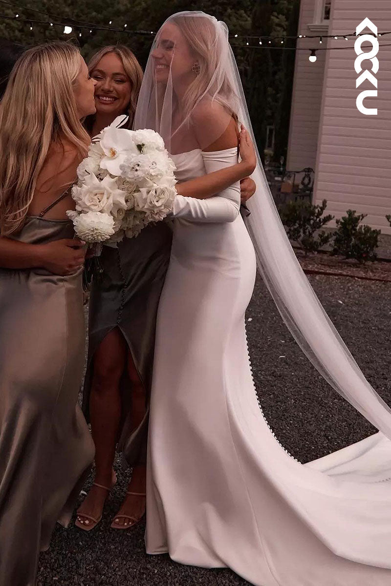 K1609 - Off-Shoulder Long Sleeves Ruched Satin Sheath Long Wedding Dress