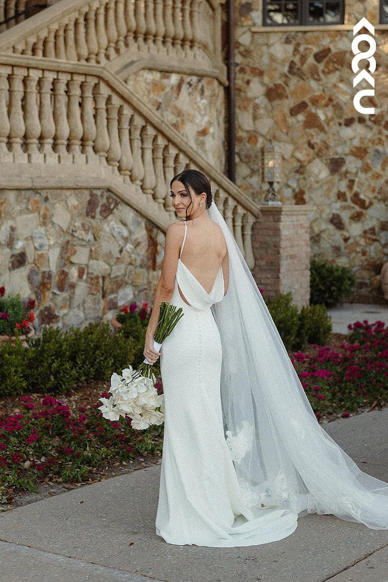 K1610 - Low V-Neck Spaghetti Straps Sleeveless Satin Sheath Long Wedding Dress