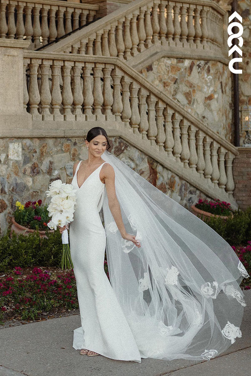 K1610 - Low V-Neck Spaghetti Straps Sleeveless Satin Sheath Long Wedding Dress