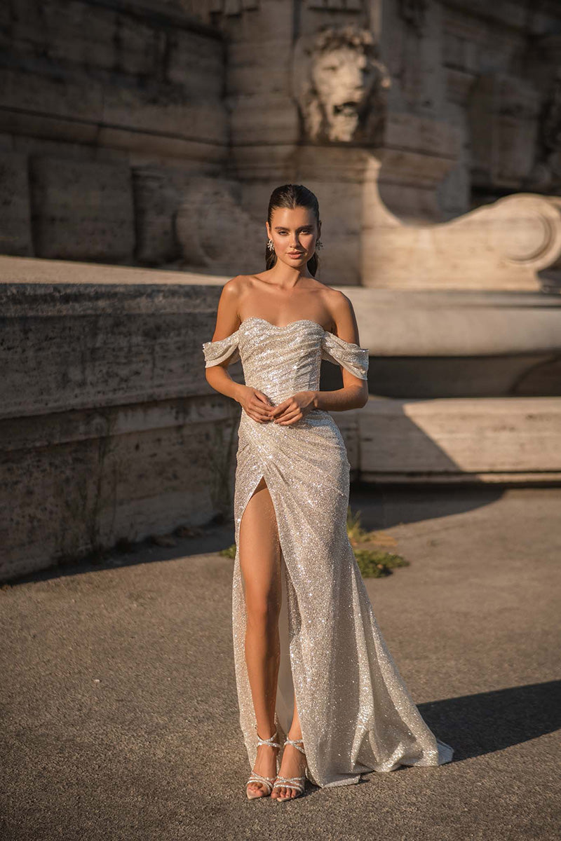 K1702 - Off-Shoulder Sleeveless Ruched Sequined Sheath Long Wedding Dress