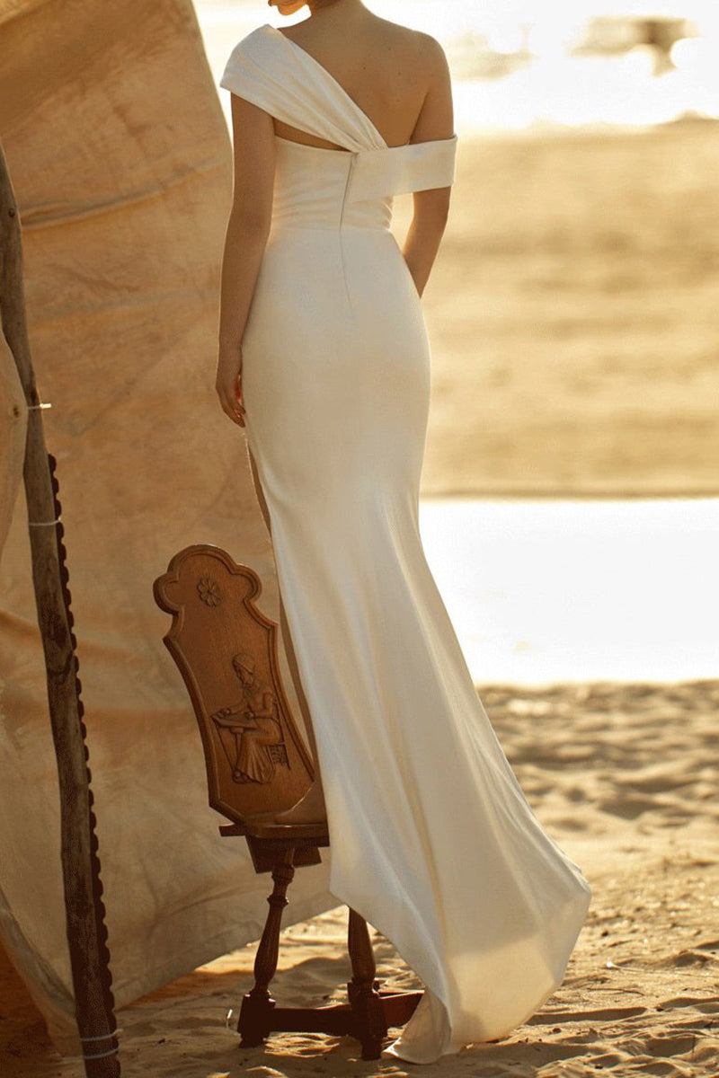 K927 - Simple Beach One Shoulder Ruched Satin Long Wedding Dress With Slit