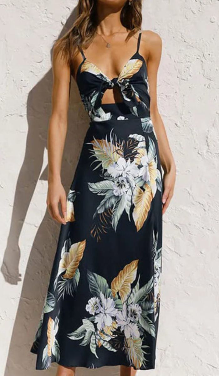 Floral Print Spaghetti Strap Tie Front Cut Out High Split Midi Dress
