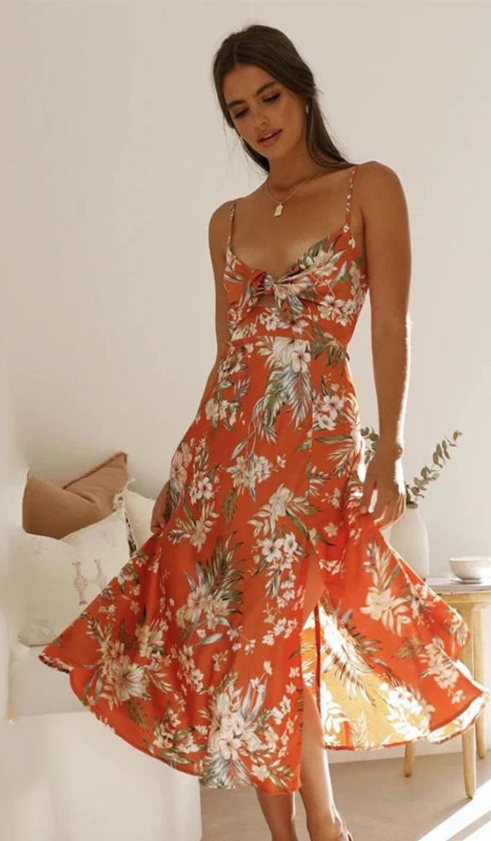 Floral Print Spaghetti Strap Tie Front Cut Out High Split Midi Dress