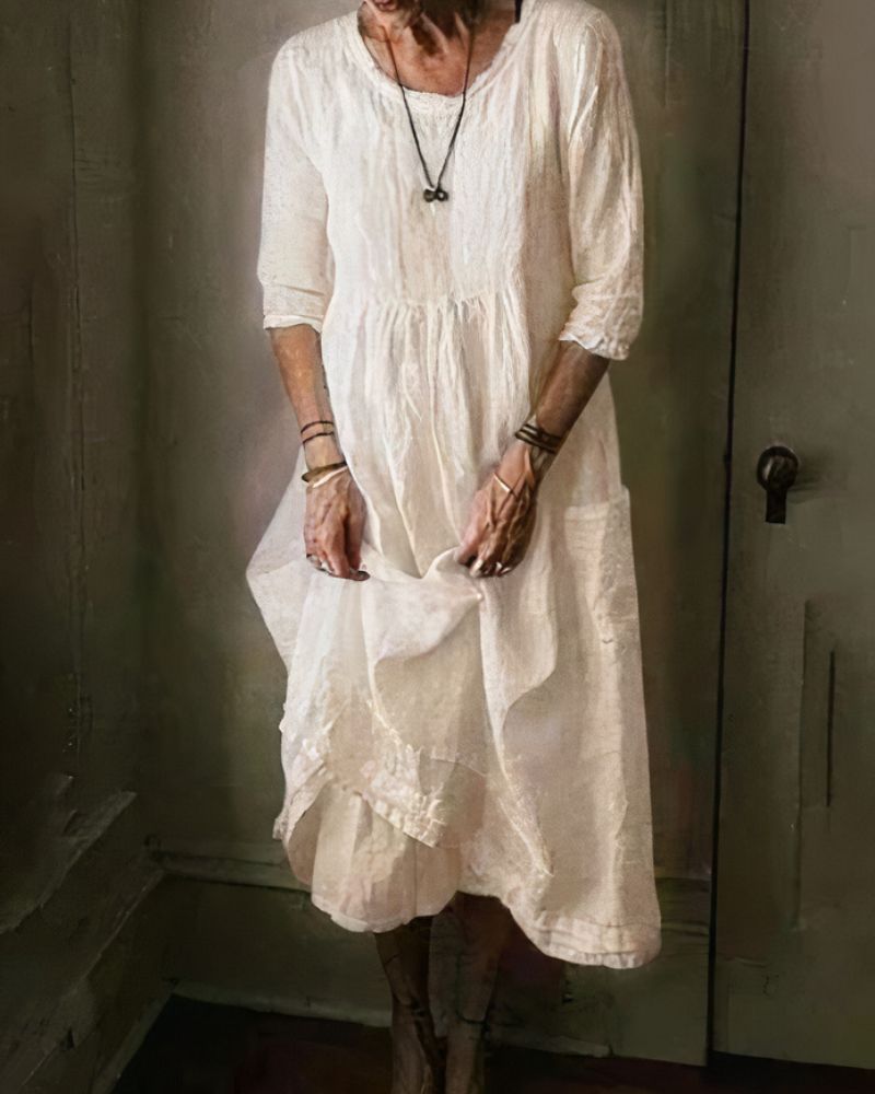 Textured Round Neck Long Sleeve Pocket Tiered Ruffle Maxi Dress