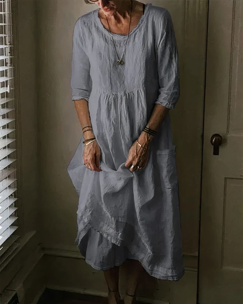 Textured Round Neck Long Sleeve Pocket Tiered Ruffle Maxi Dress