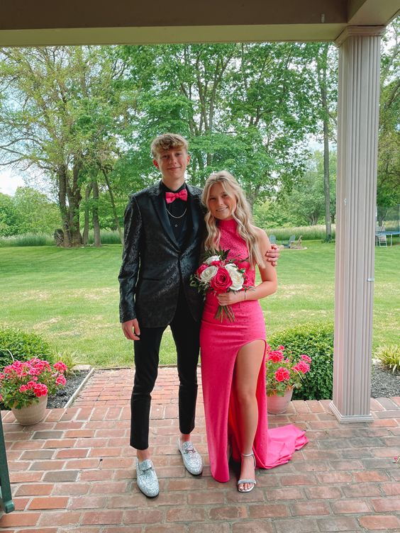 Beaded Slit Sheath Prom Dress Hot Pink Long Evening Dress cc1233