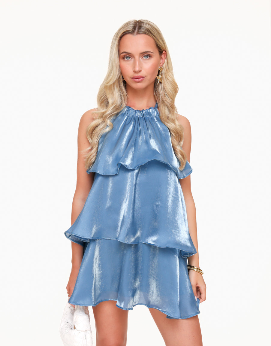 Metallic Satin Halter Neck Sleeveless Tiered Ruffle Mini Dress