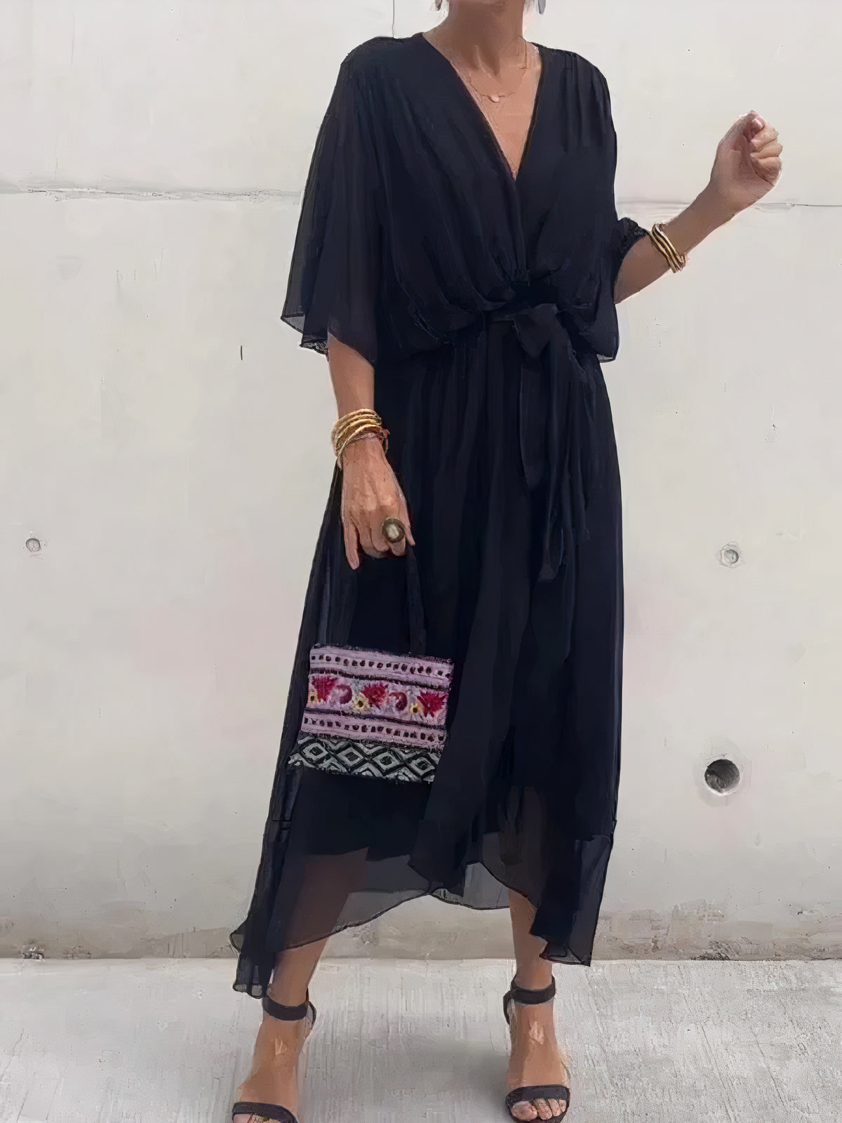 Chiffon Deep V-Neck Flutter Sleeve Wrap Tie Waist High Low Midi Dress