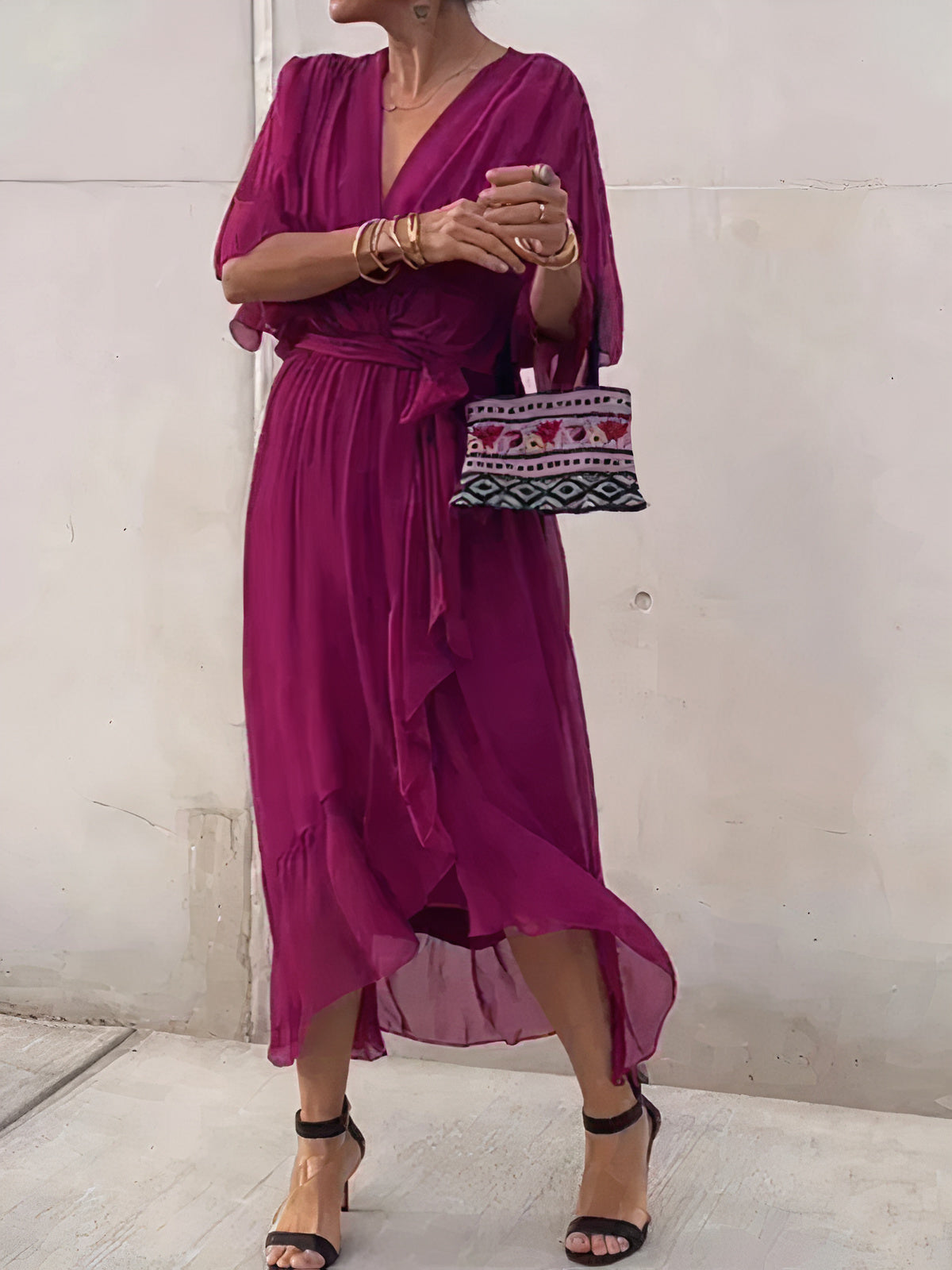 Chiffon Deep V-Neck Flutter Sleeve Wrap Tie Waist High Low Midi Dress