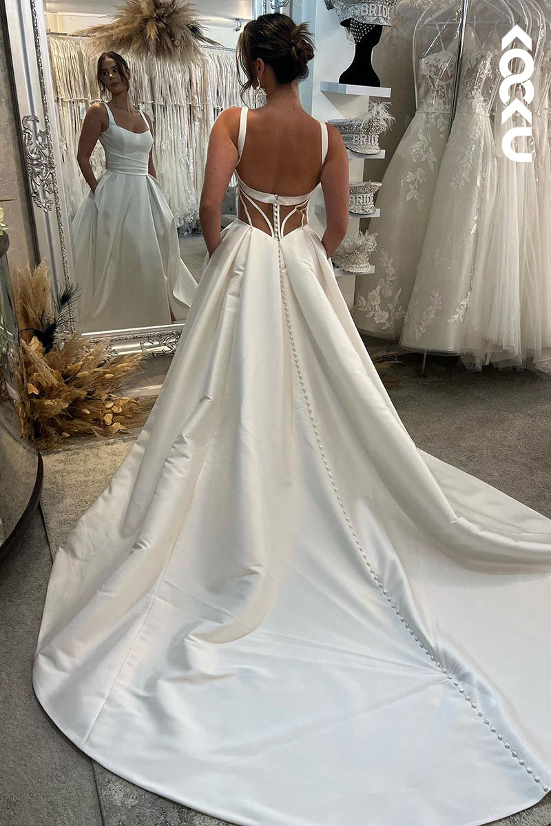 K1928 - Chic & Modern A-Line Square Satin High Slit Wedding Dress With Court Train