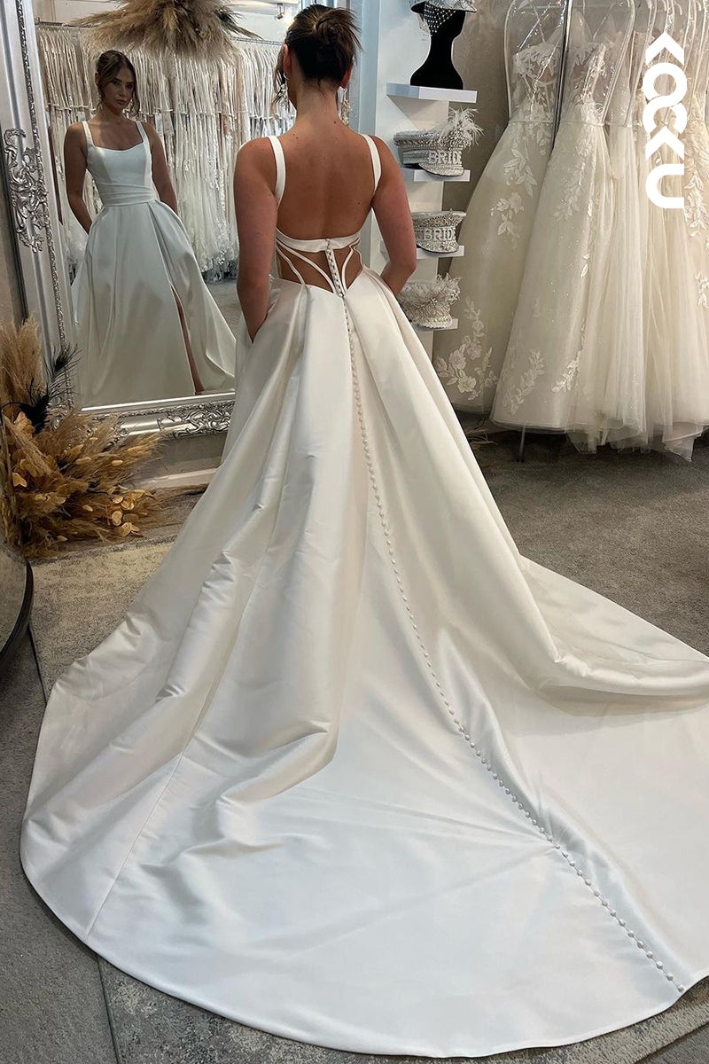 K1928 - Chic & Modern A-Line Square Satin High Slit Wedding Dress With Court Train