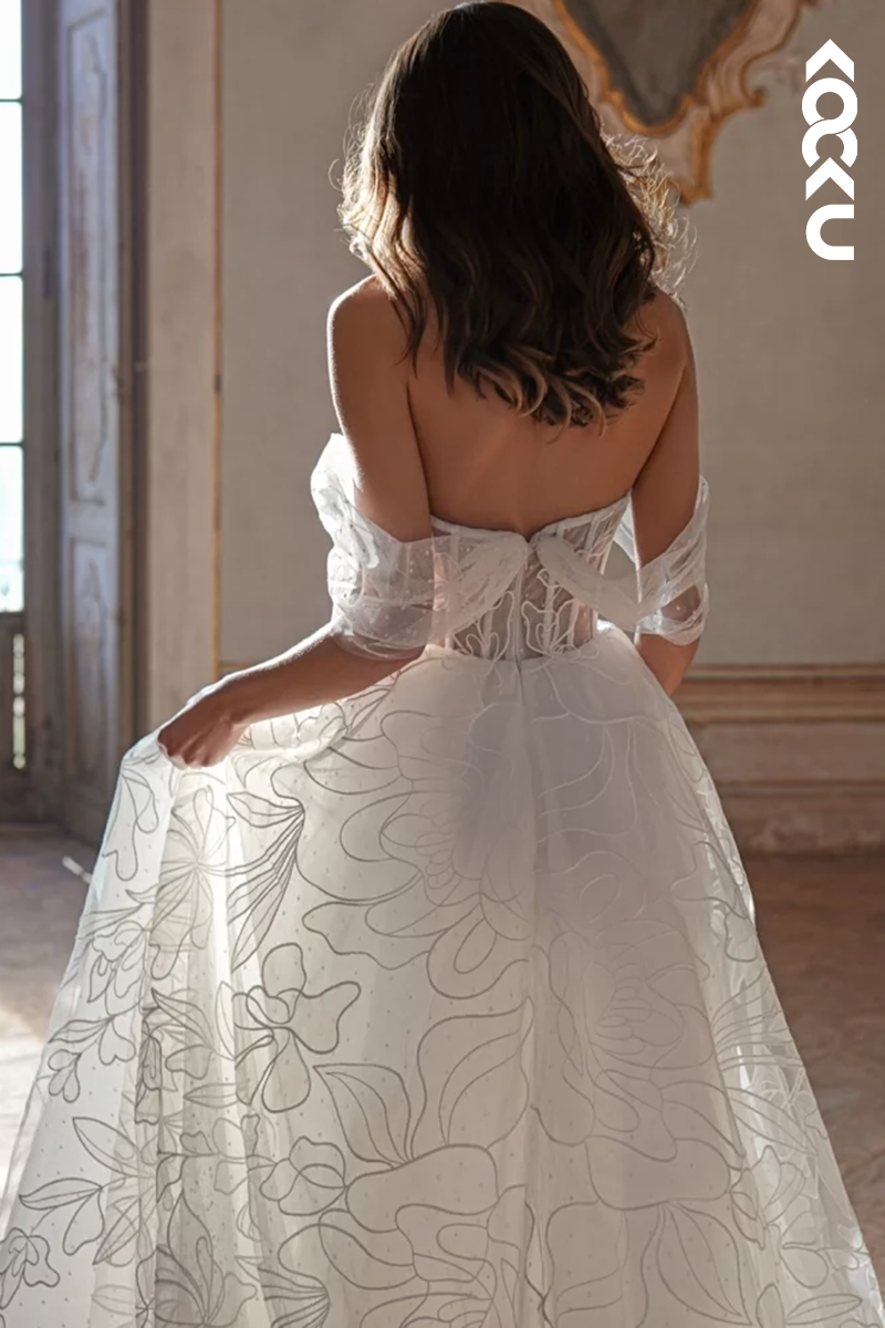 K1932 - Chic & Modern A-Line Sweetheart Off Shoulder Floral Tulle Corset Wedding Dress With Sweep Train