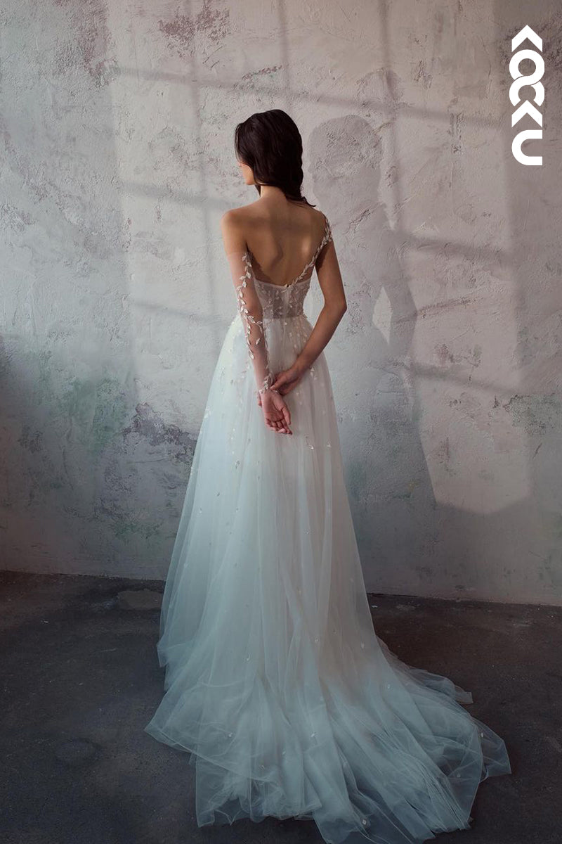 K1925 - Chic & Modern A-Line Sweetheart One Shoulder Tulle Beaded Boho Wedding Dress With Sweep Train