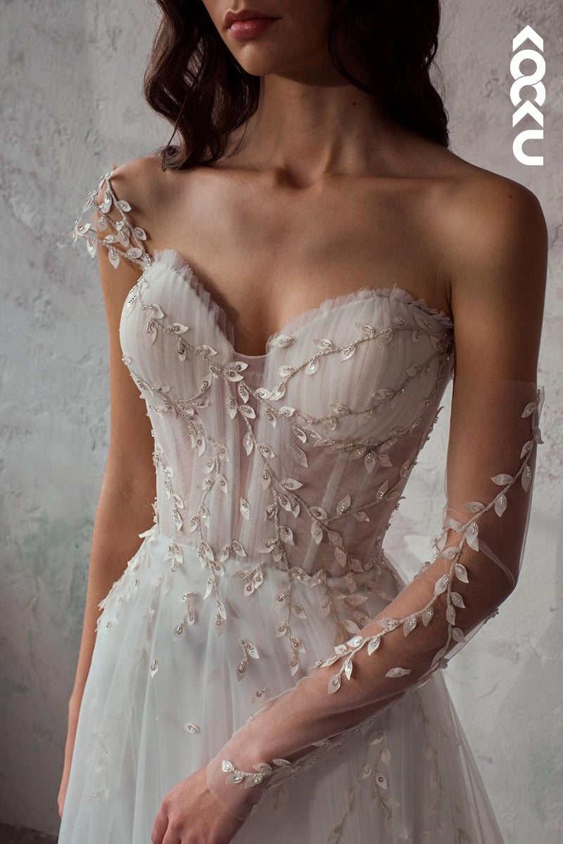 K1925 - Chic & Modern A-Line Sweetheart One Shoulder Tulle Beaded Boho Wedding Dress With Sweep Train