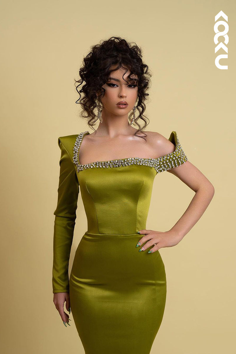 L2551 - Chic & Modern Mermaid Asymmetrical Beaded Evening Gown Prom Dress with Long Sleeves and Sweep Train