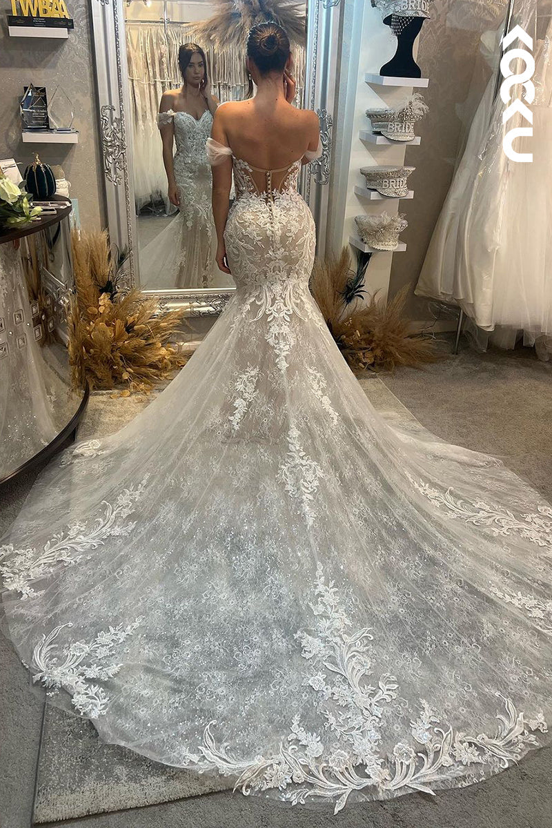 K1921 - Chic & Modern Mermaid Sweetheart Off Shoulder Lace Floral Appliques Wedding Dress With Court Train