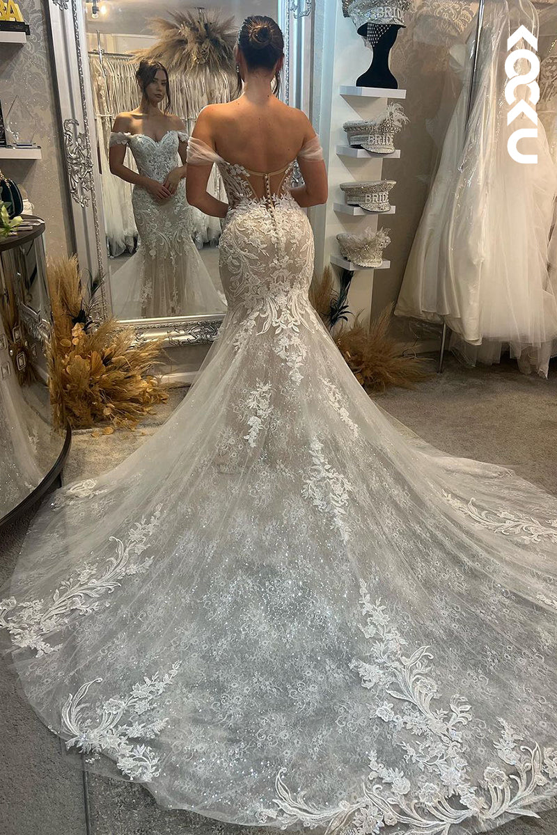 K1921 - Chic & Modern Mermaid Sweetheart Off Shoulder Lace Floral Appliques Wedding Dress With Court Train