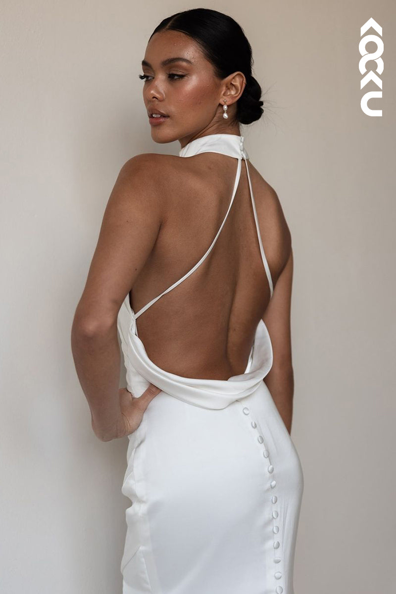 K1929 - Chic & Modern Sheath Halter High Side Slit Criss-Cross Straps Boho Wedding Dress With Sweep Train