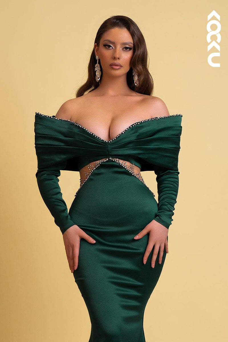 L2548 - Chic & Modern Sheath Off Shoulder Draped and Beaded Party Gown Prom Dress with Cut-outs