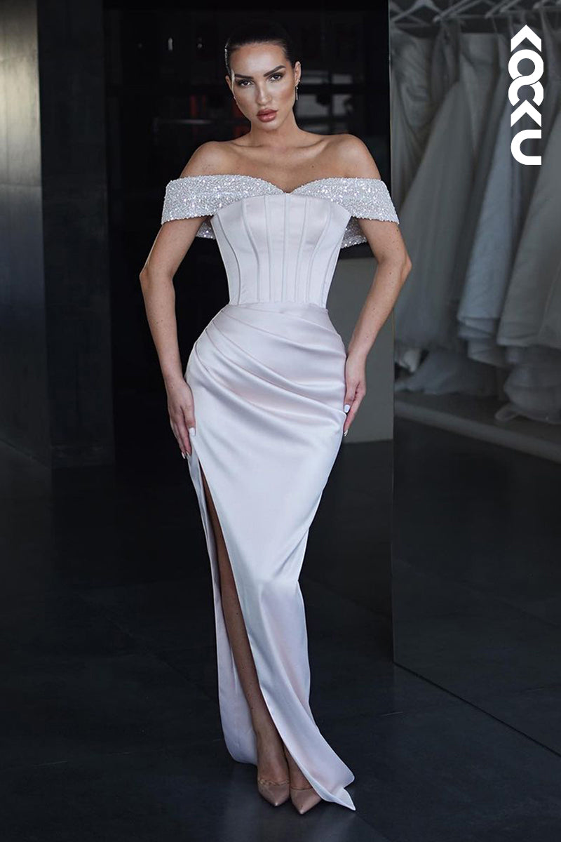 L2542 - Chic & Modern Sheath Off Shoulder Sequined and Draped Formal Evening Party Gown Prom Dress with High Side Slit and Overlay