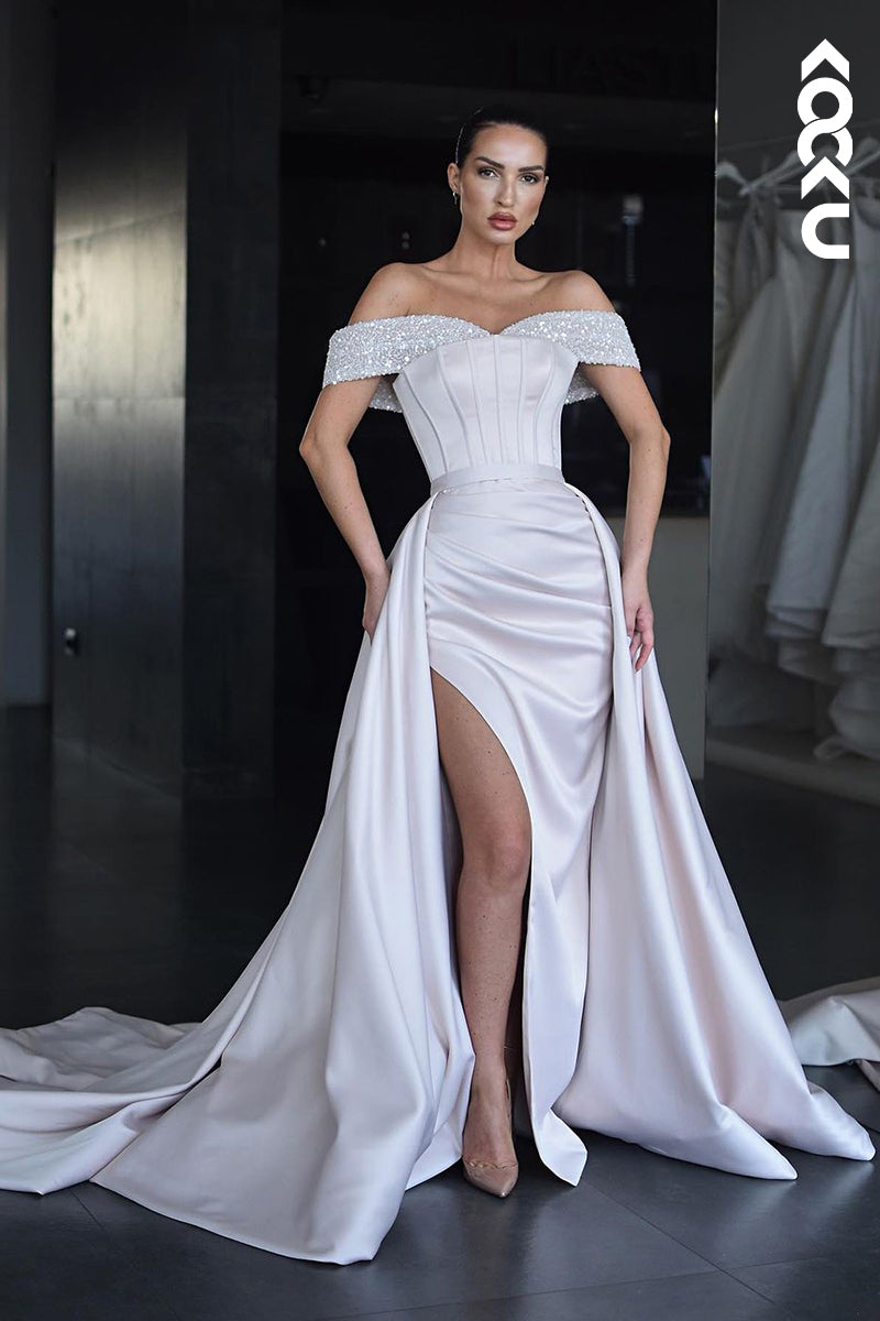 L2542 - Chic & Modern Sheath Off Shoulder Sequined and Draped Formal Evening Party Gown Prom Dress with High Side Slit and Overlay
