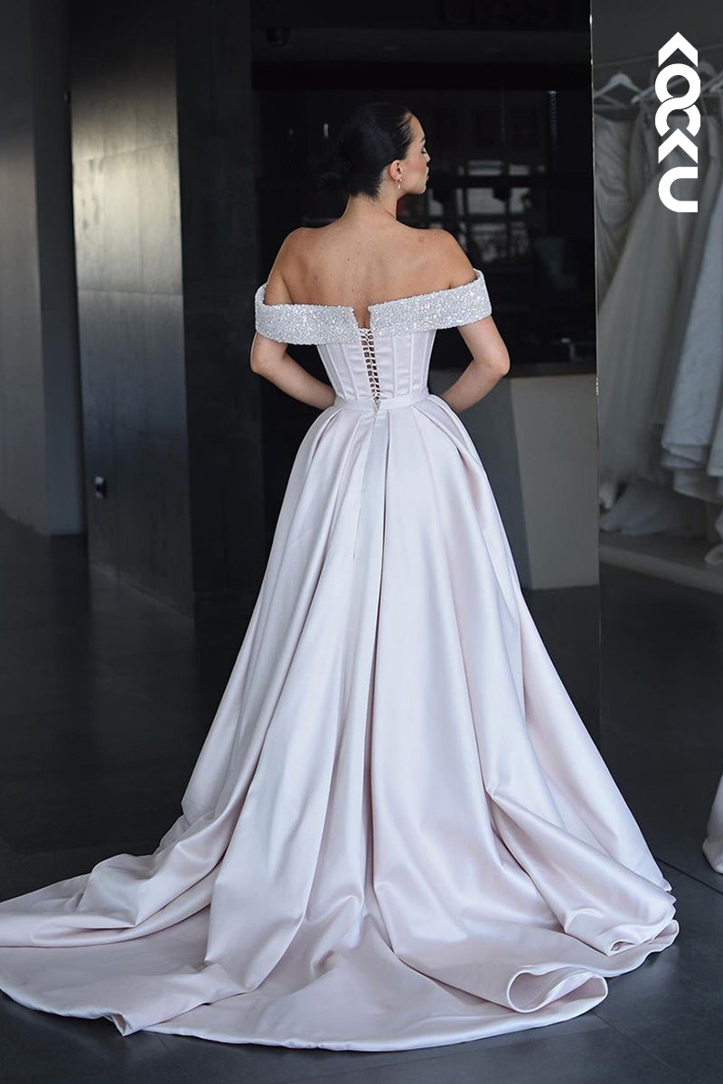 L2542 - Chic & Modern Sheath Off Shoulder Sequined and Draped Formal Evening Party Gown Prom Dress with High Side Slit and Overlay