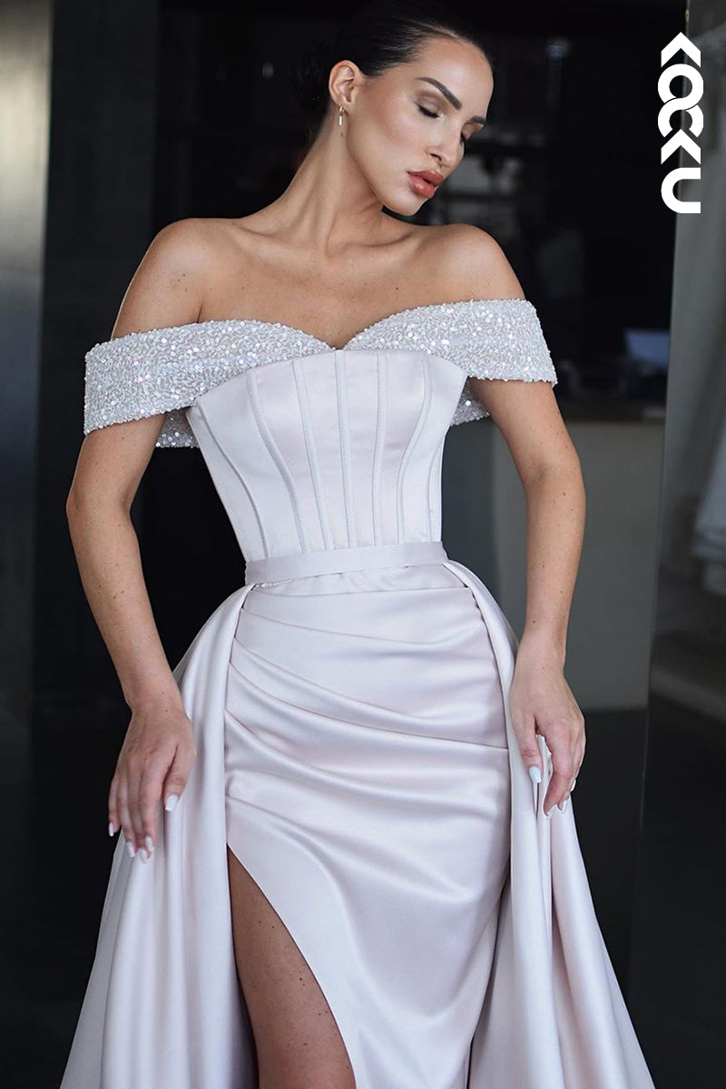 L2542 - Chic & Modern Sheath Off Shoulder Sequined and Draped Formal Evening Party Gown Prom Dress with High Side Slit and Overlay