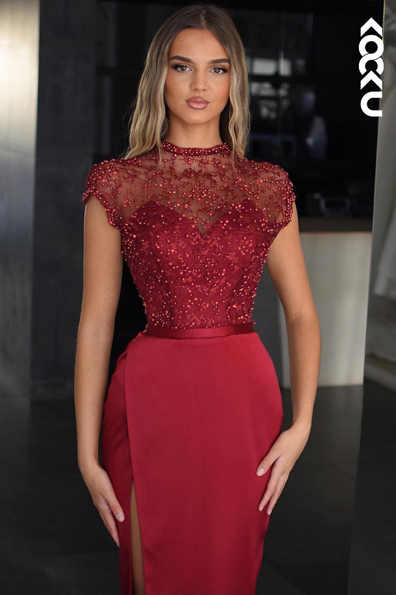 L2541 - Chic & Modern Sheath Scoop Illusion Beaded and Draped Formal Evening Party Prom Dress with High Side Slit and Overlay