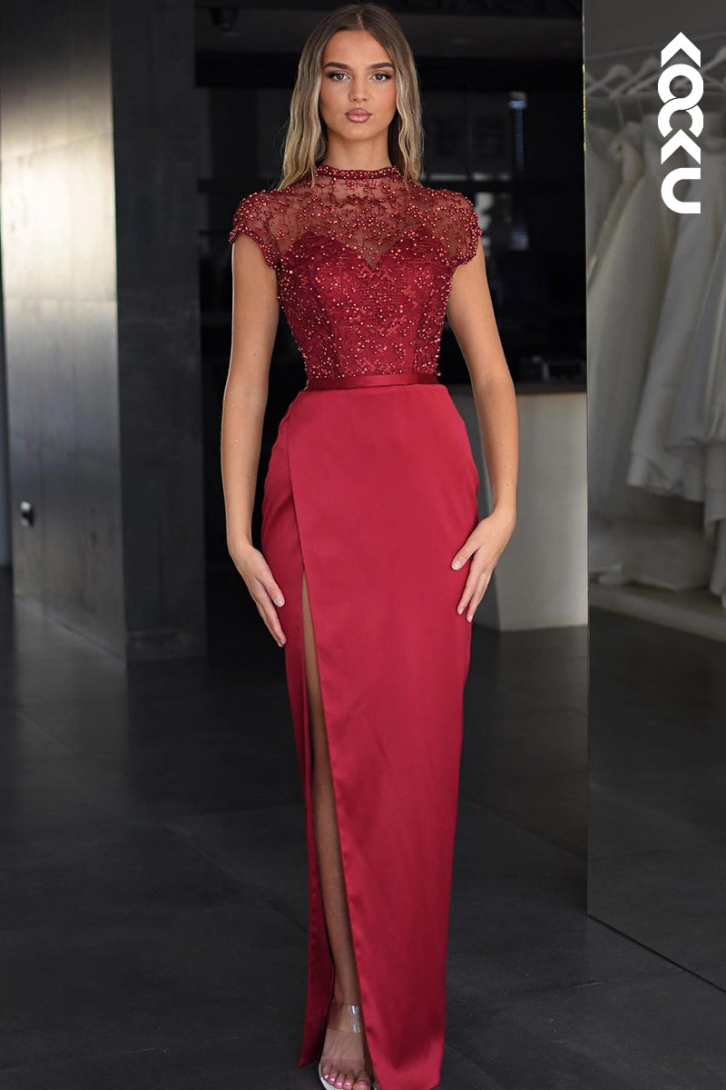 L2541 - Chic & Modern Sheath Scoop Illusion Beaded and Draped Formal Evening Party Prom Dress with High Side Slit and Overlay