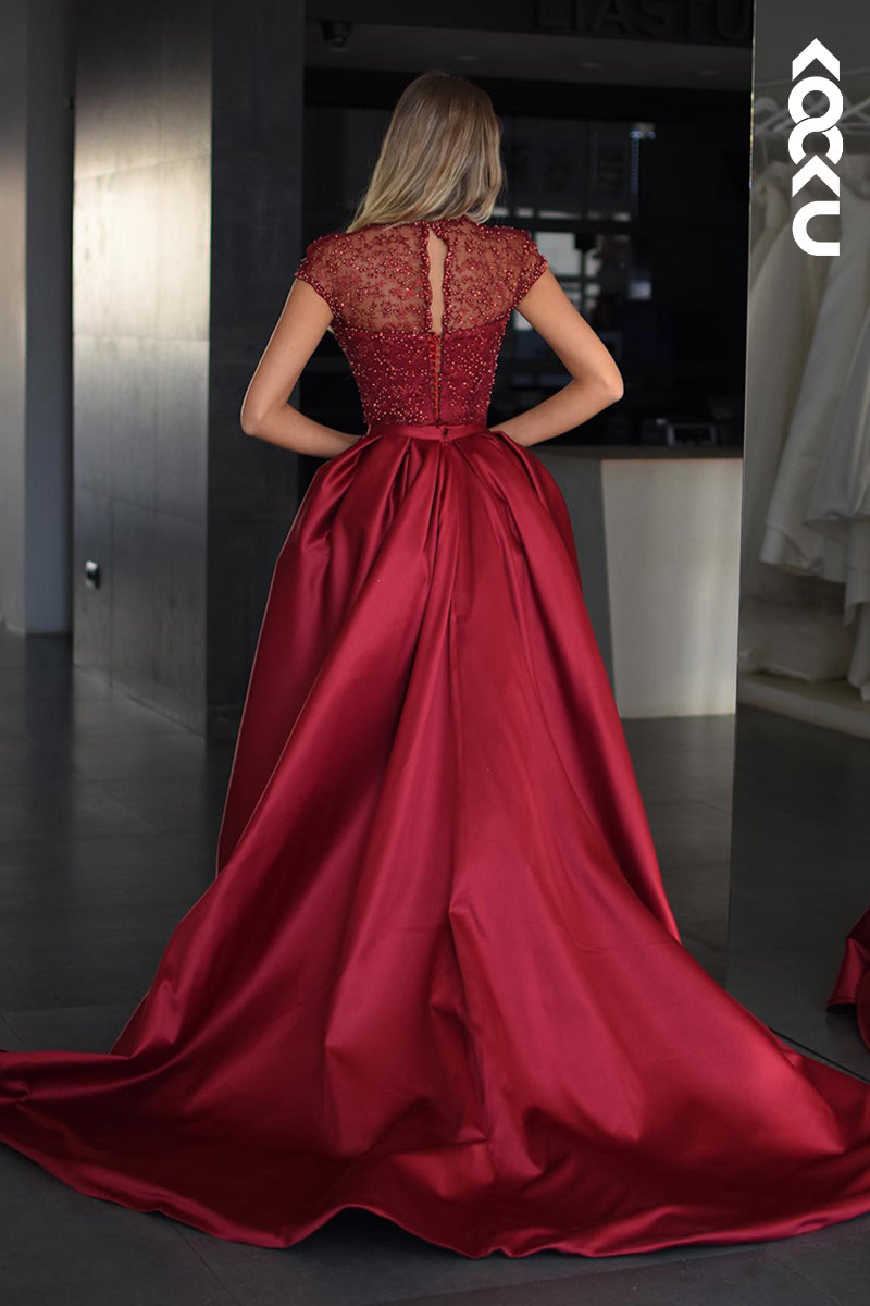 L2541 - Chic & Modern Sheath Scoop Illusion Beaded and Draped Formal Evening Party Prom Dress with High Side Slit and Overlay
