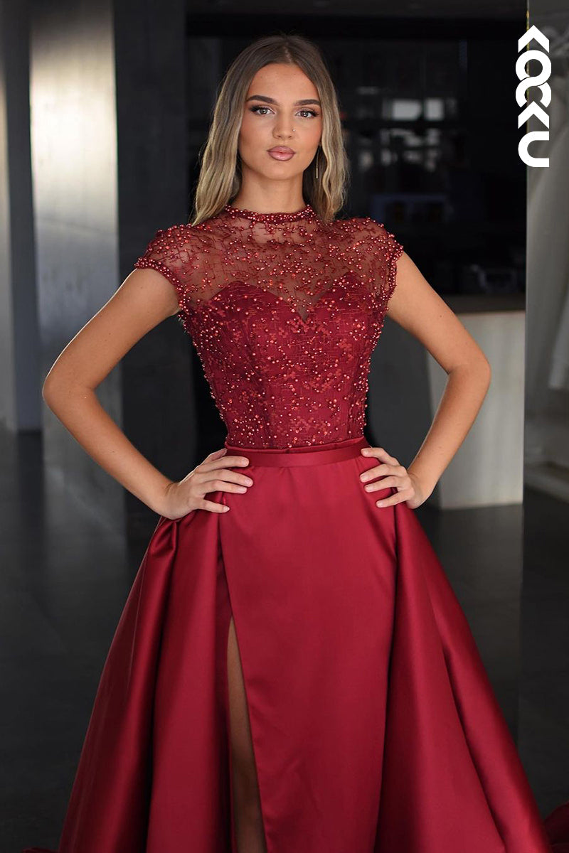 L2541 - Chic & Modern Sheath Scoop Illusion Beaded and Draped Formal Evening Party Prom Dress with High Side Slit and Overlay